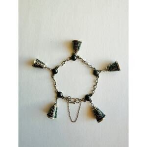 Vintage Siam Sterling Silver Bell Charm Bracelet Niello Thailand 7”